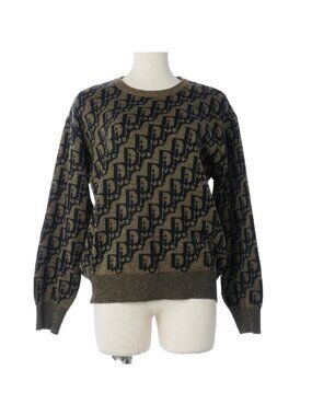 Dior Vintage Logo All Over Print Knit Sweater Long Sleeve Round Neck Wool